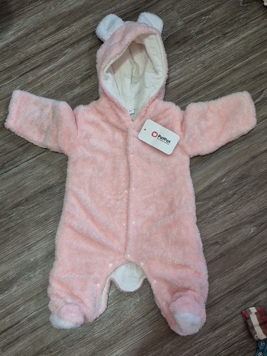 PatPat Other - PatPat Soft Pink Plush Hooded Baby Footie with Bear Ears